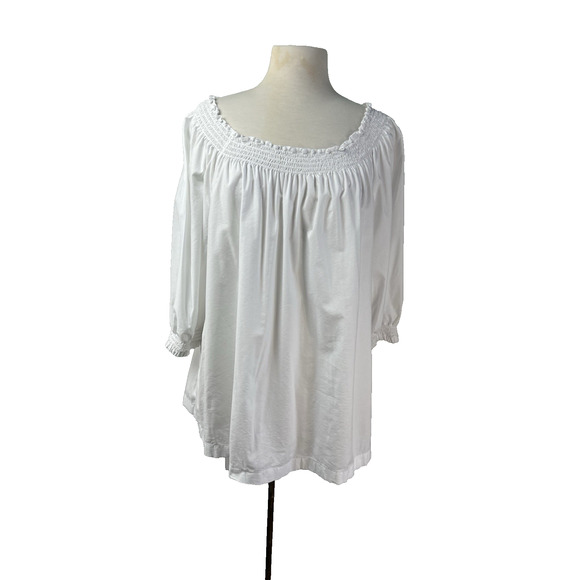 J.Jill Poplin Smocked Off The Shoulder 3/4 Poet Sleeve‎ White Blouse Size 2X - Picture 2 of 12
